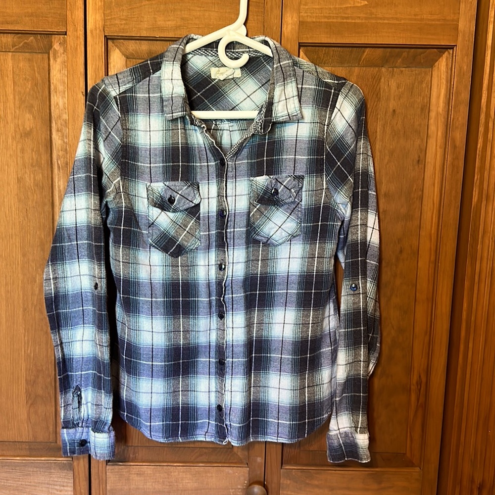 Plaid Button-Up Shirt - Blue and White